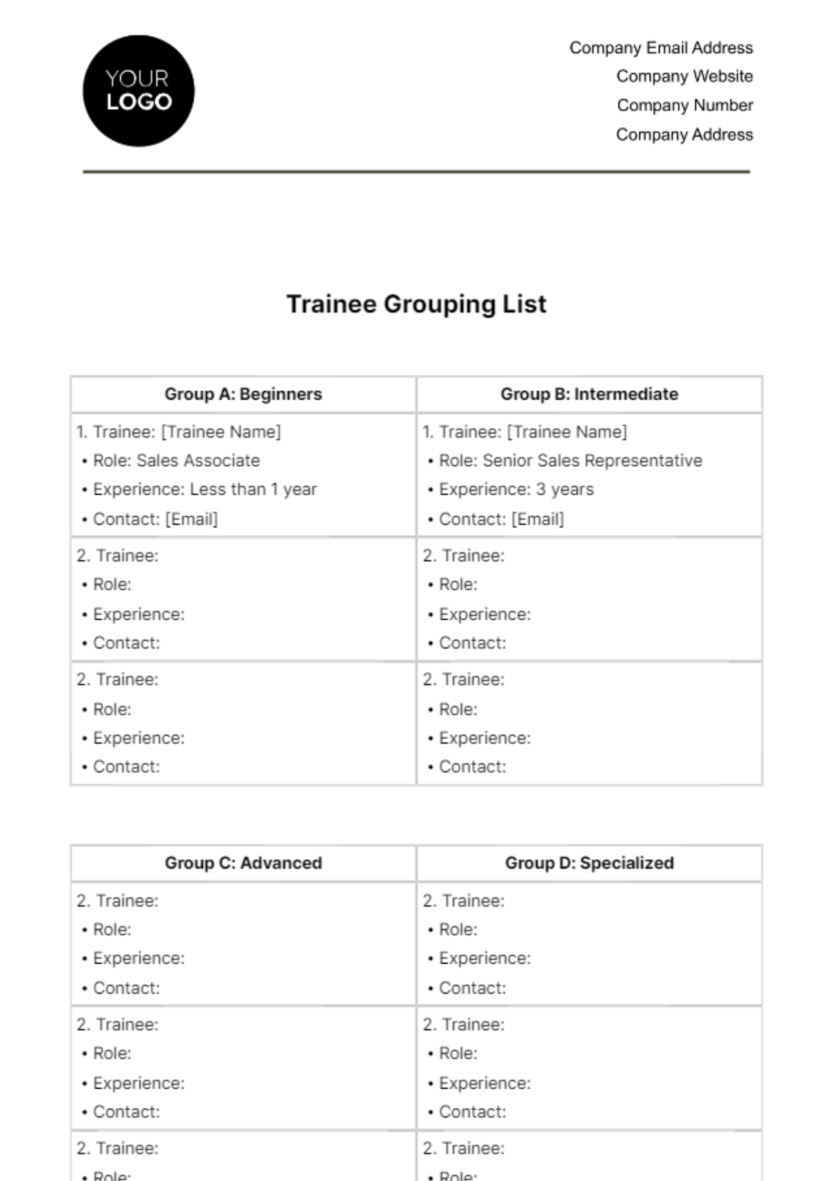 Free Trainee Grouping List HR Template