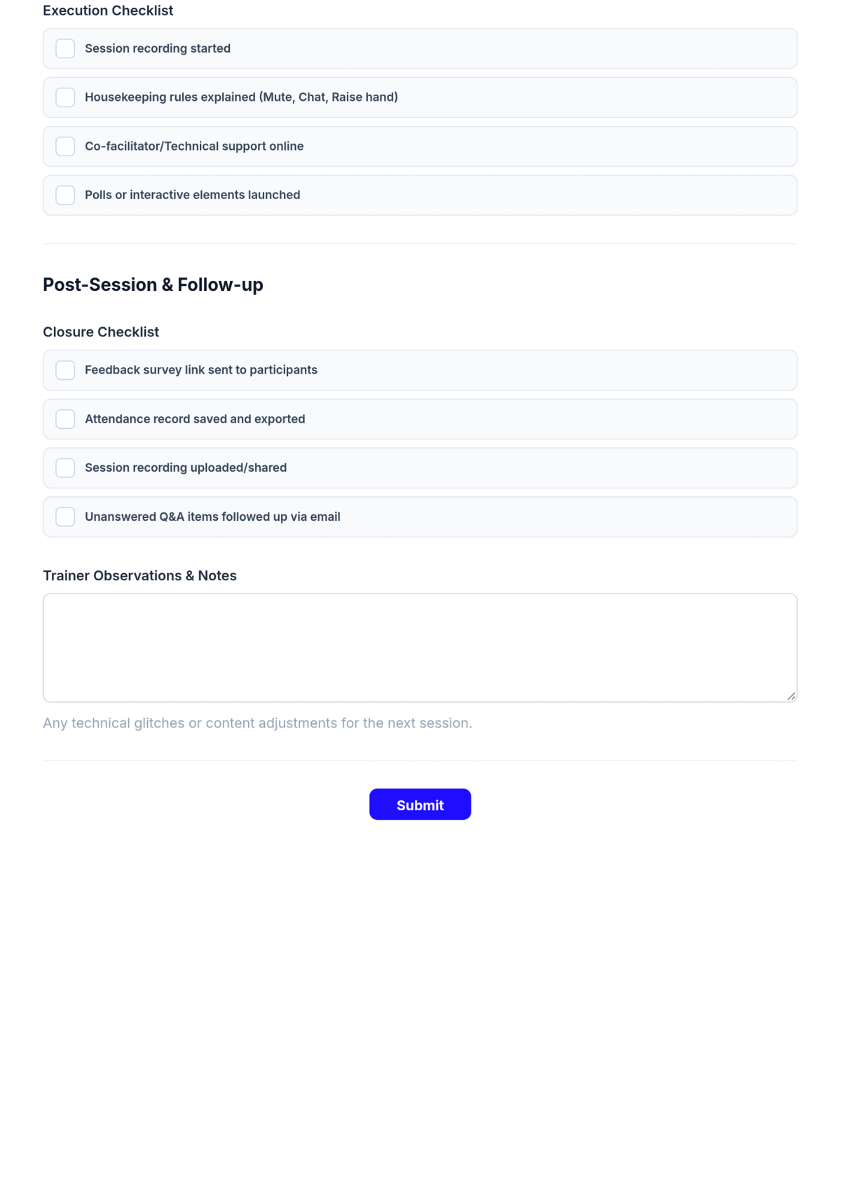 Free Virtual Training Session Checklist HR Template & AI Maker