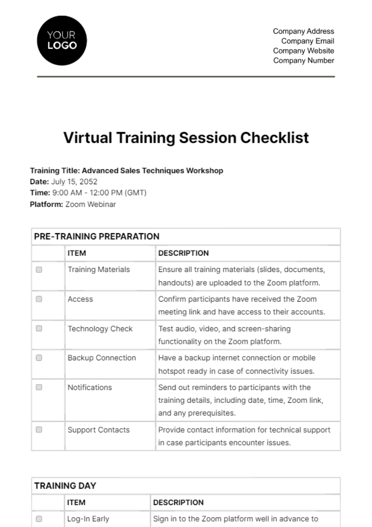 Virtual Training Session Checklist HR Template