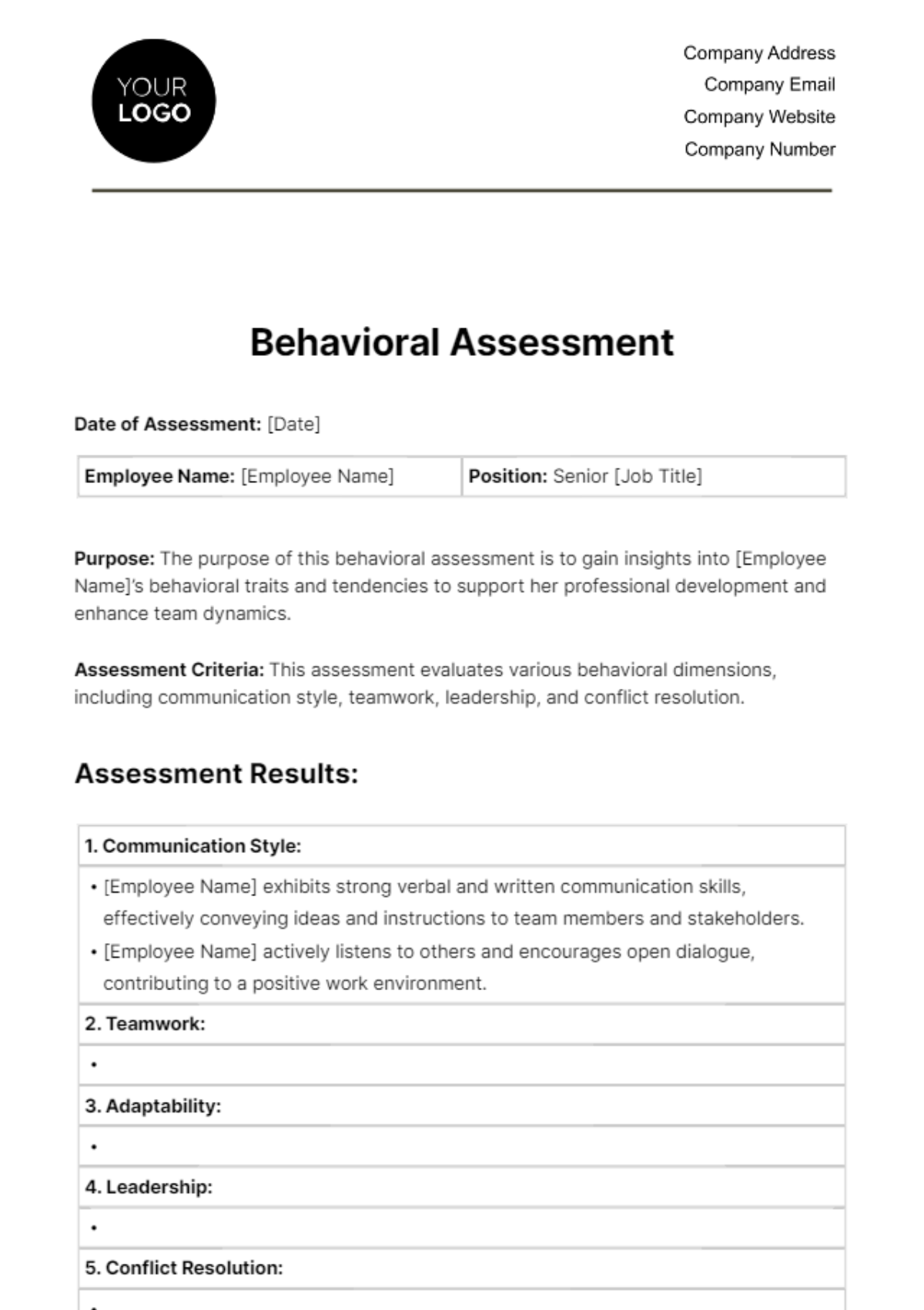 Free Behavioral Assessment HR Template