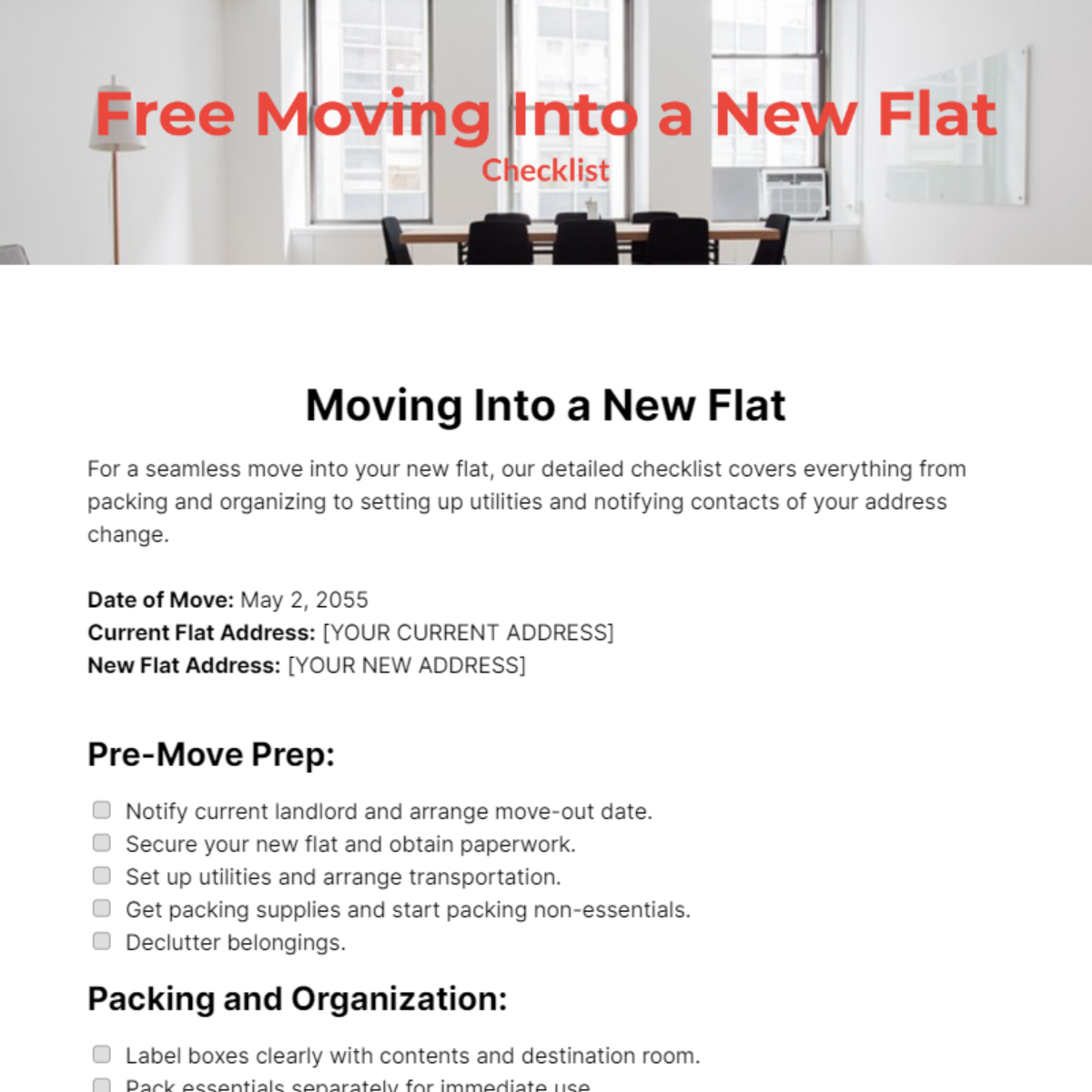 Free Moving Into a New Flat Checklist Template