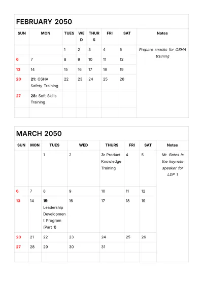 Free Training Schedule & Calendar Yearly Plan HR Template to Edit Online