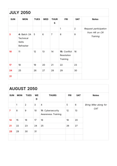 Free Training Schedule & Calendar Yearly Plan HR Template to Edit Online