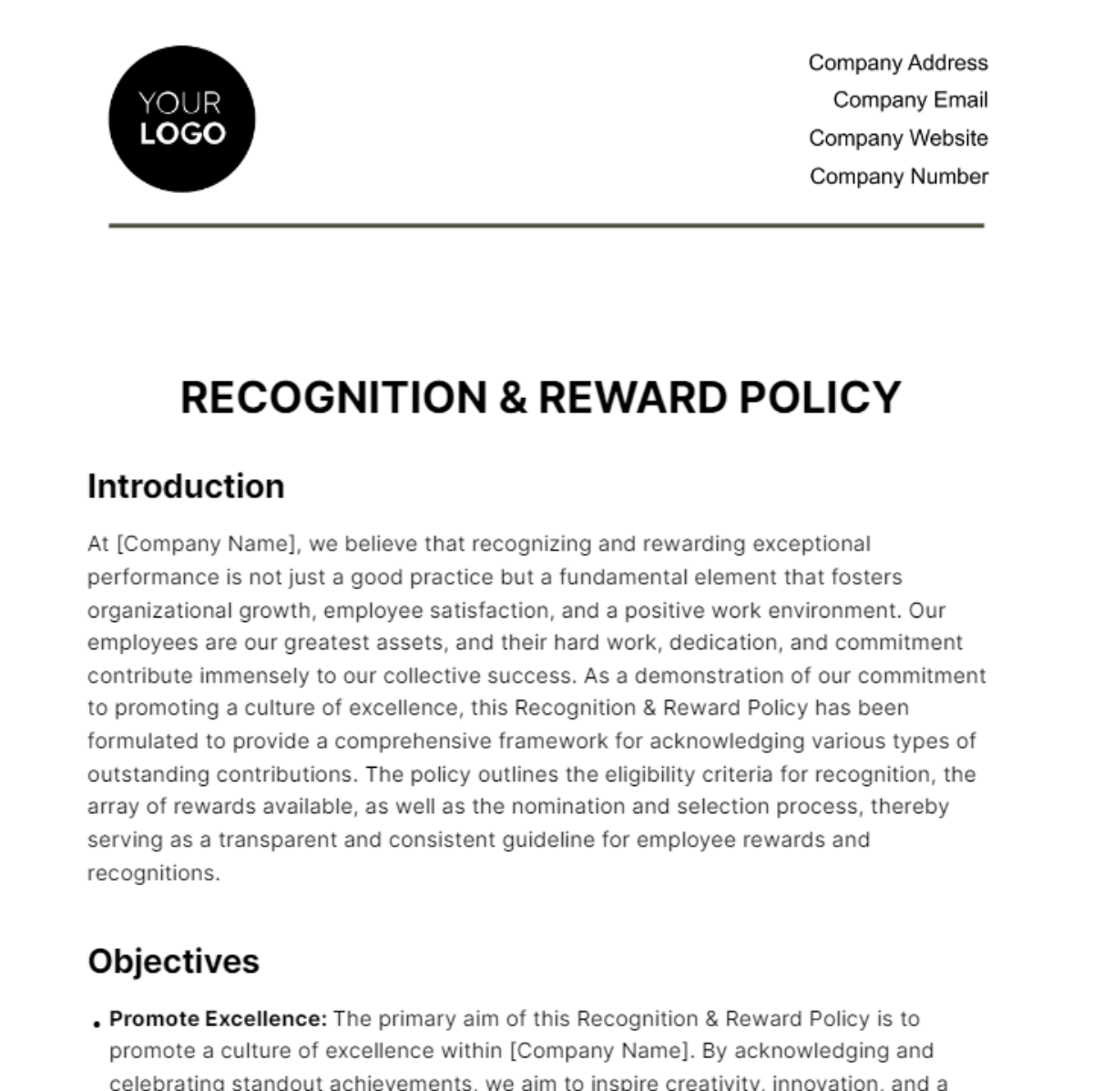 Recognition & Reward Policy HR Template