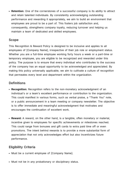 Free Recognition & Reward Policy HR Template to Edit Online