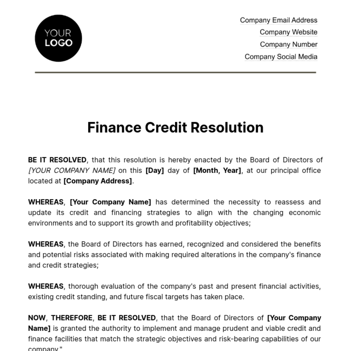Finance Credit Resolution Template