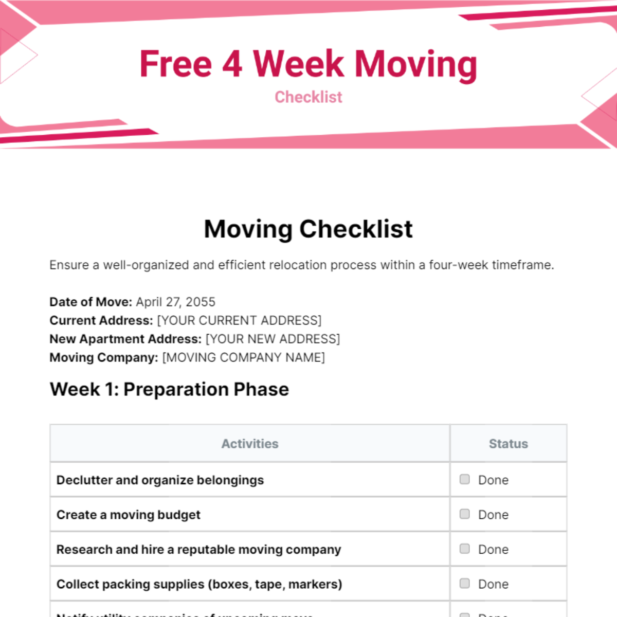 Free 4 Week Moving Checklist Template