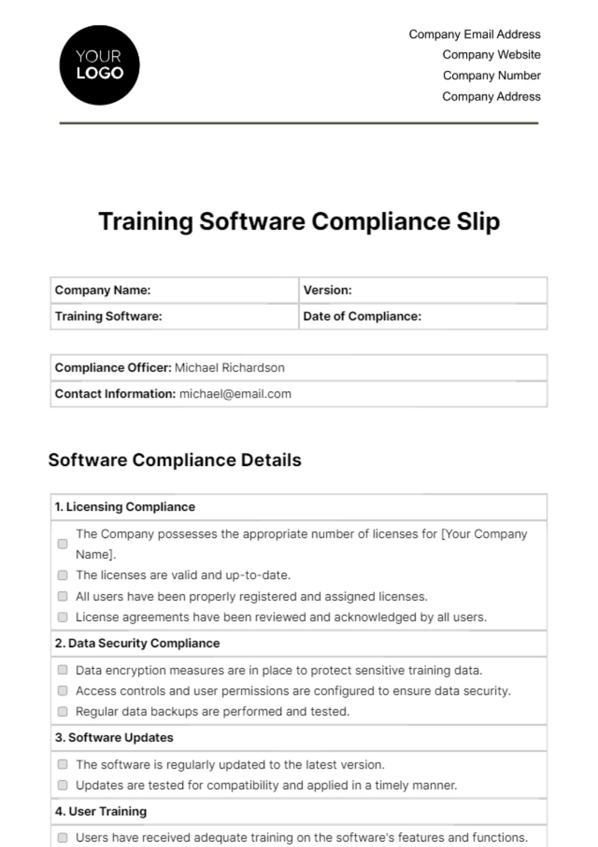 Training Software Compliance Slip HR Template