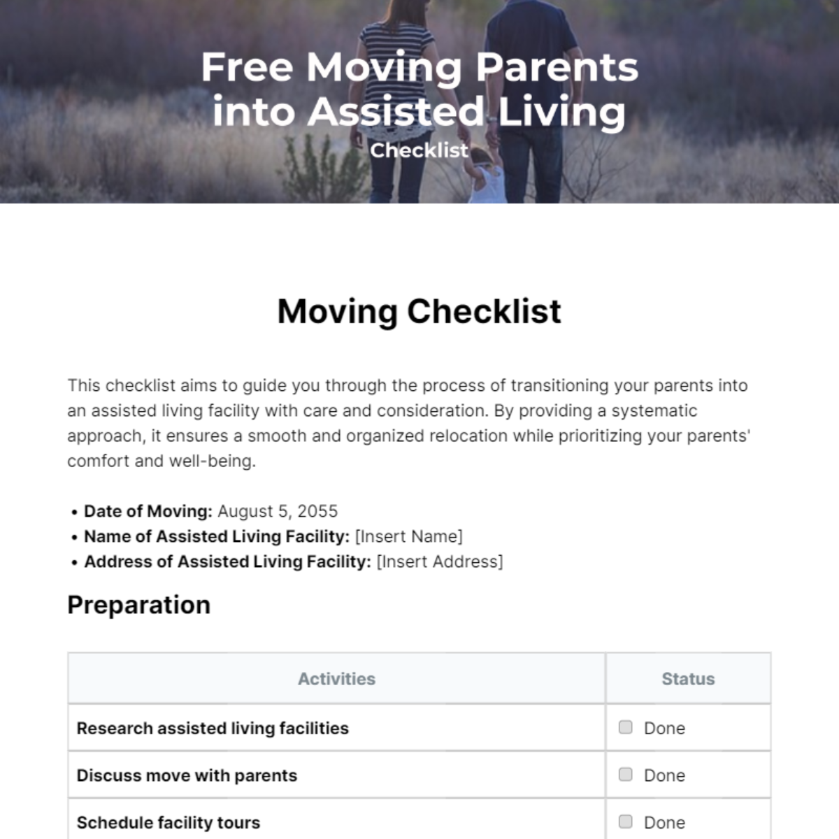 Moving Parents into Assisted Living Checklist Template