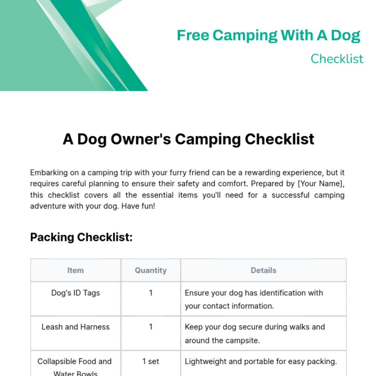 Camping With A Dog Checklist Template