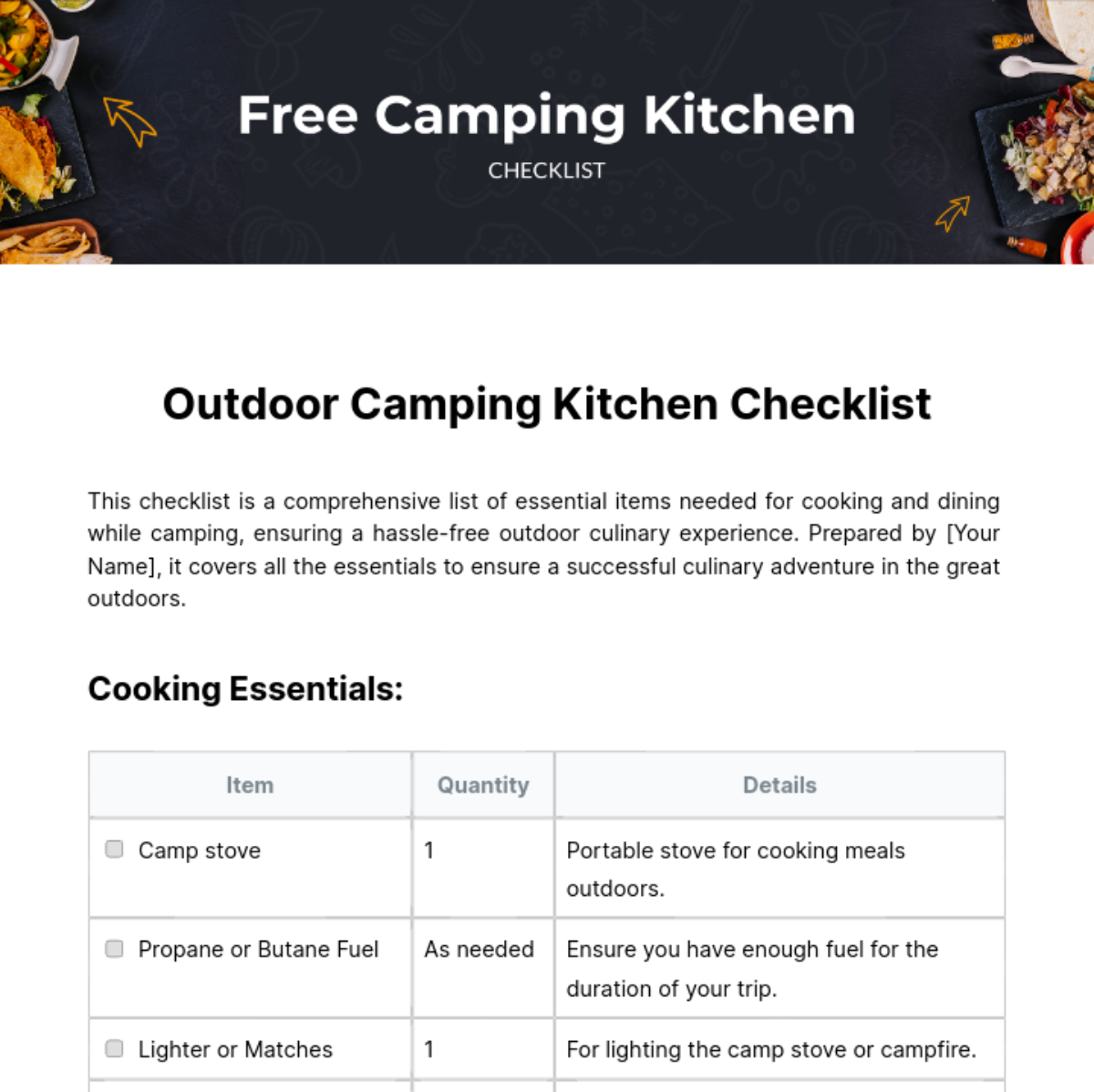 Free Camping Kitchen Checklist Template