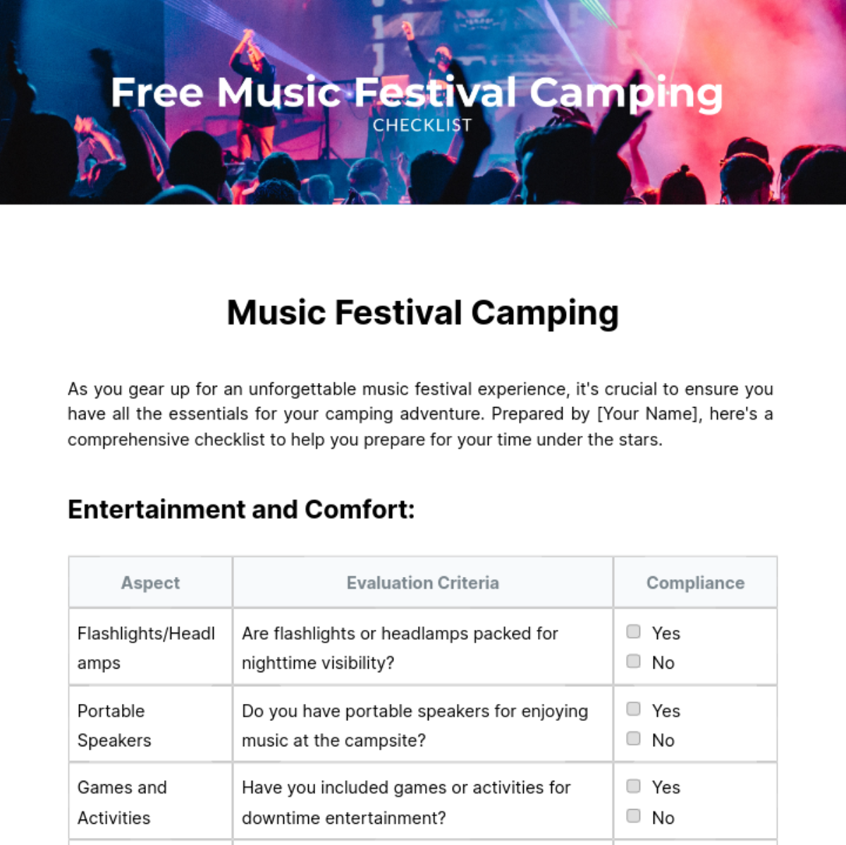 Free Music Festival Camping Checklist Template