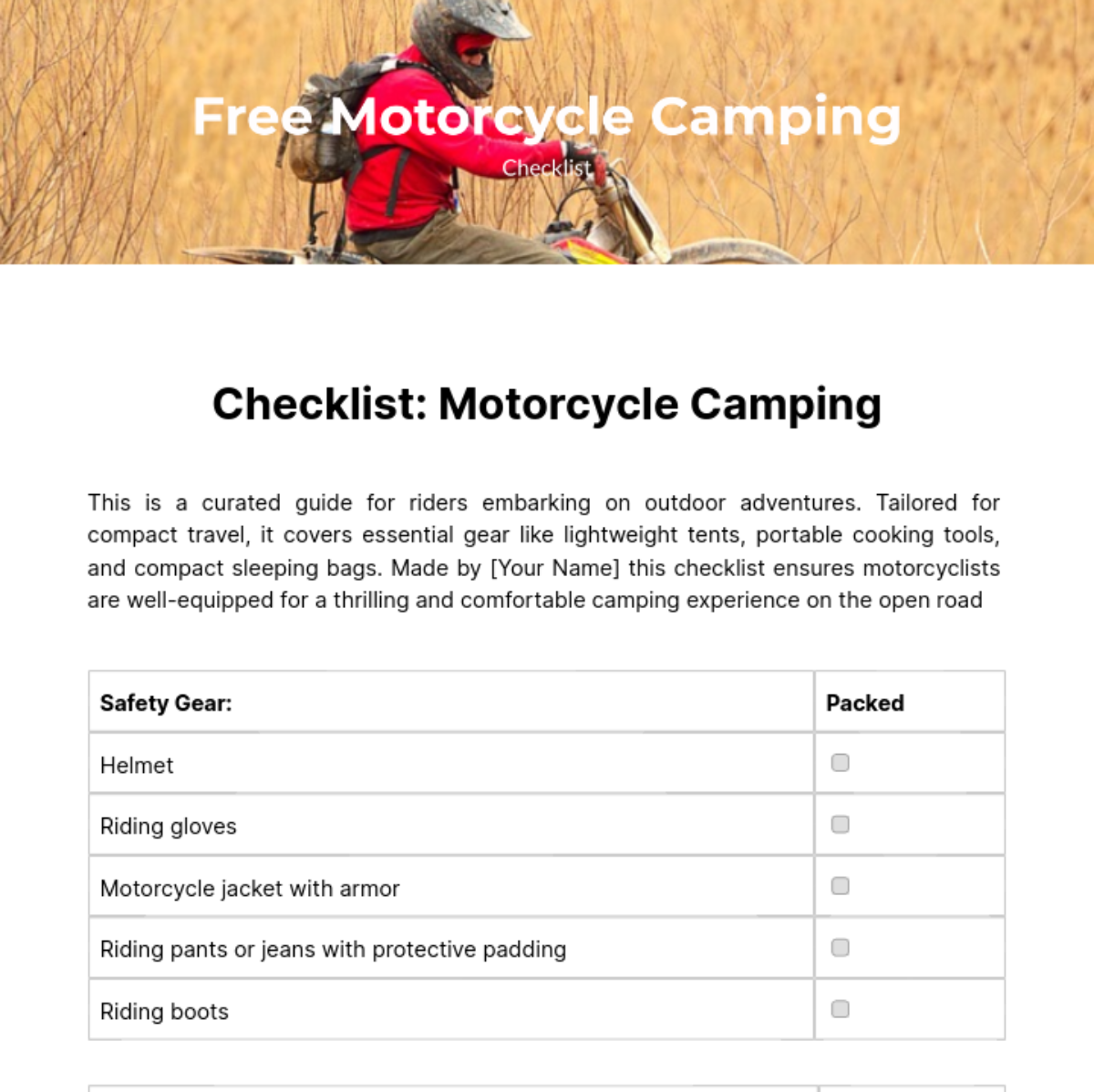 Motorcycle Camping Checklist Template