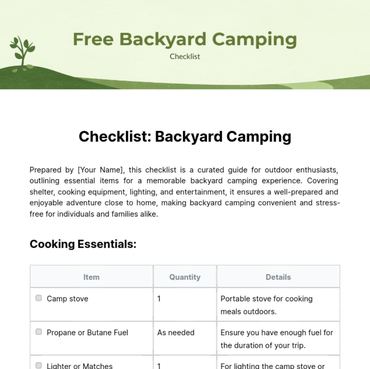 Free Backyard Camping Checklist Template