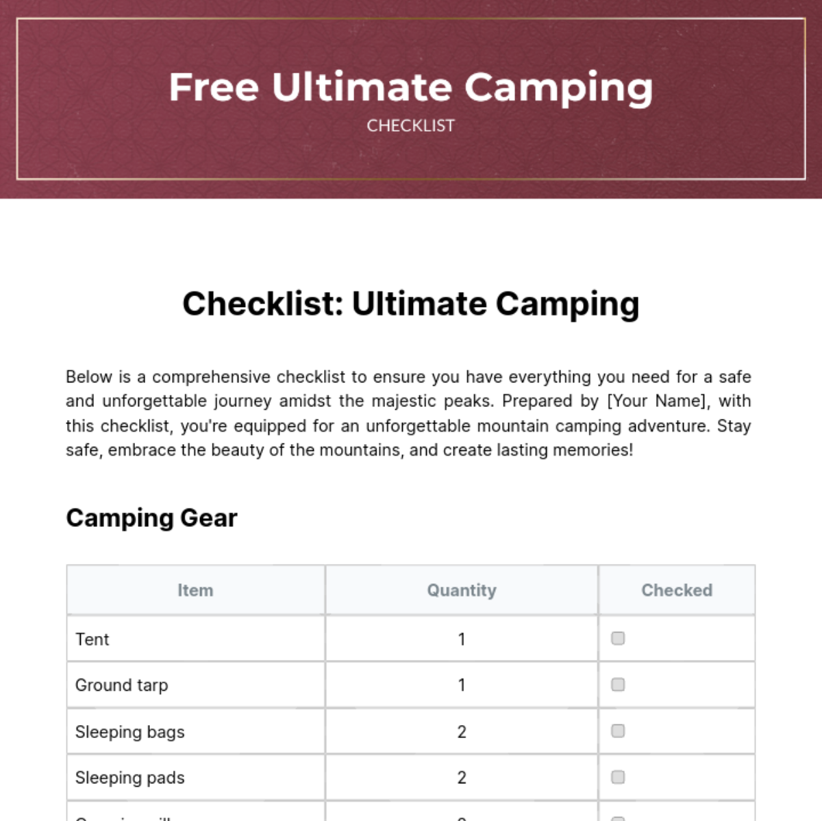 Free Ultimate Camping Checklist Template