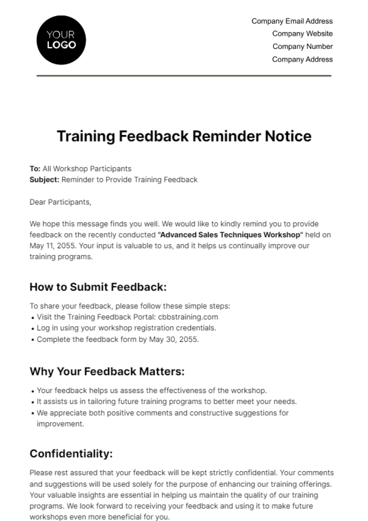 Training Feedback Reminder Notice HR Template
