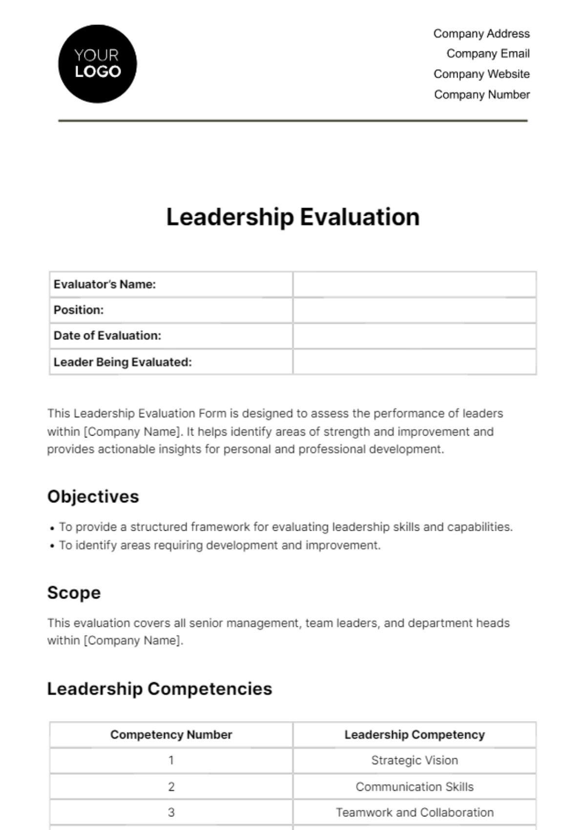 Free Leadership Evaluation HR Template