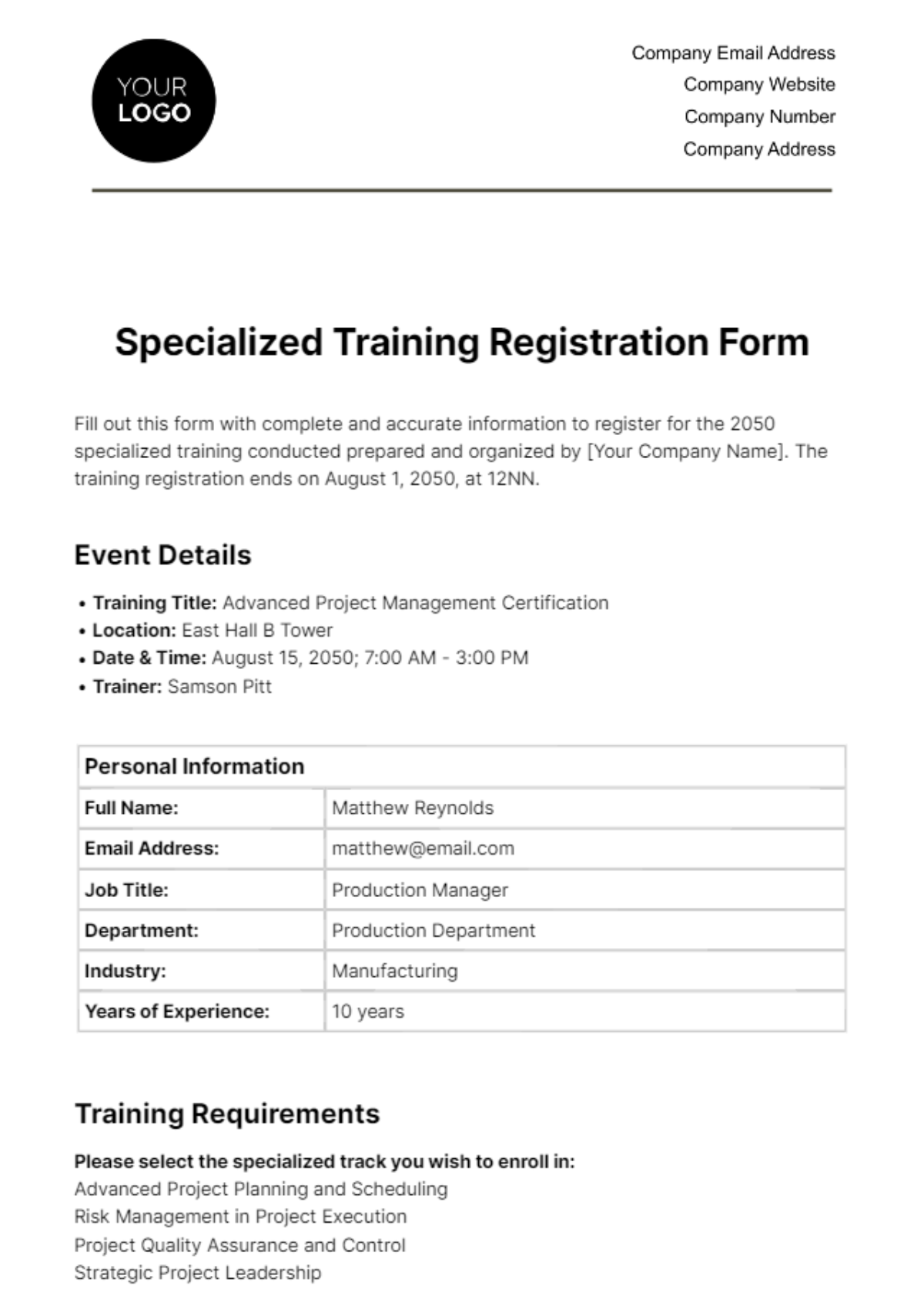 Free Specialized Training Registration Form HR Template