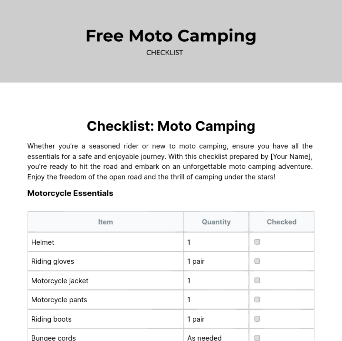 Moto Camping Checklist Template