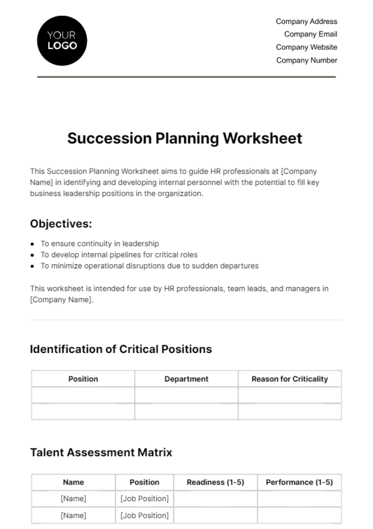 Succession Planning Worksheet HR Template