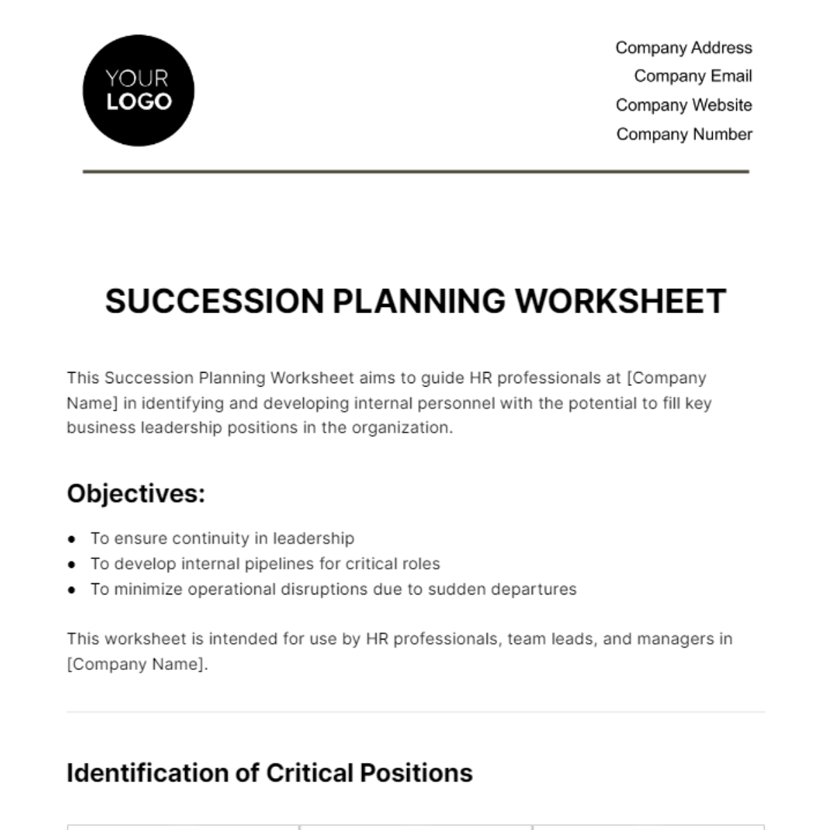 Succession Planning Worksheet HR Template