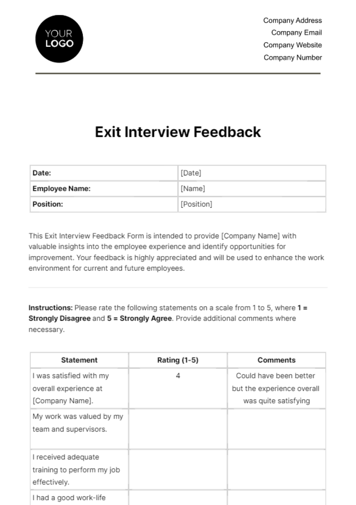 Free Exit Interview Feedback HR Template