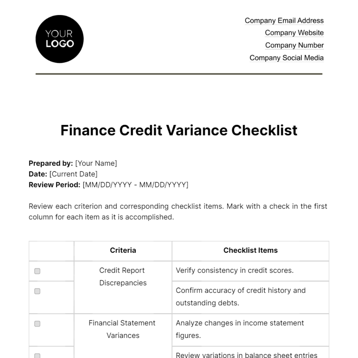 Finance Credit Variance Checklist Template