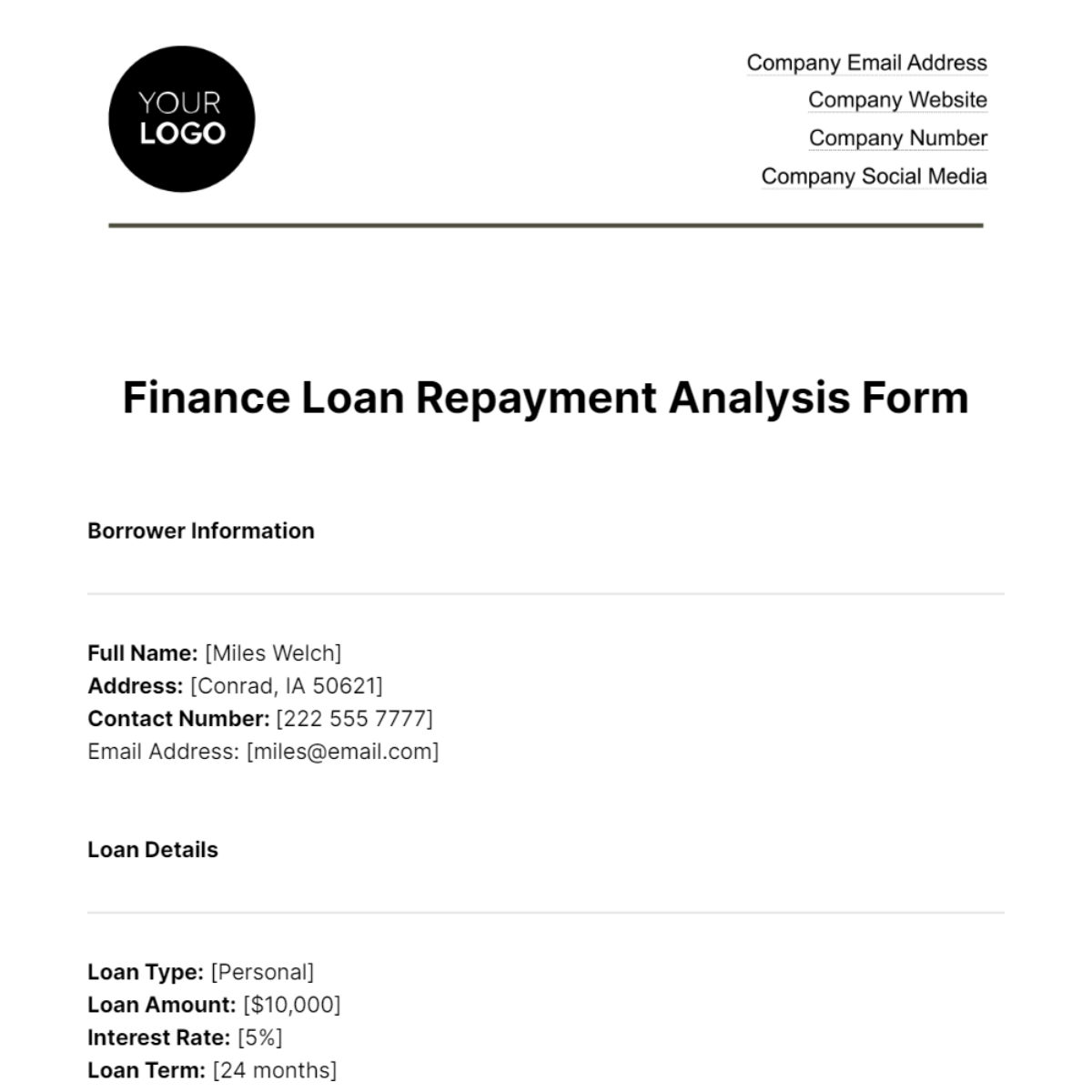 Finance Loan Repayment Analysis Form Template