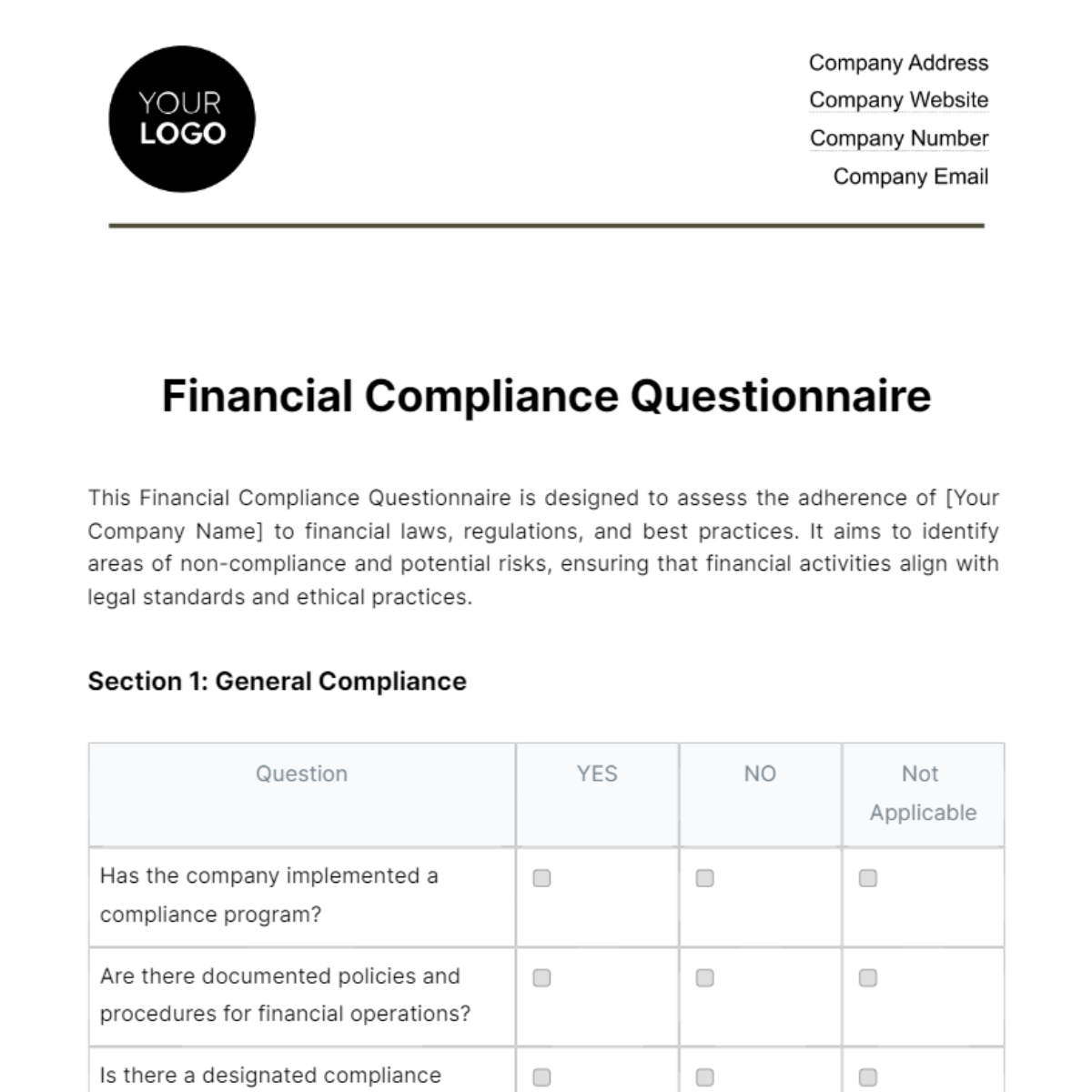 Financial Compliance Questionnaire Template