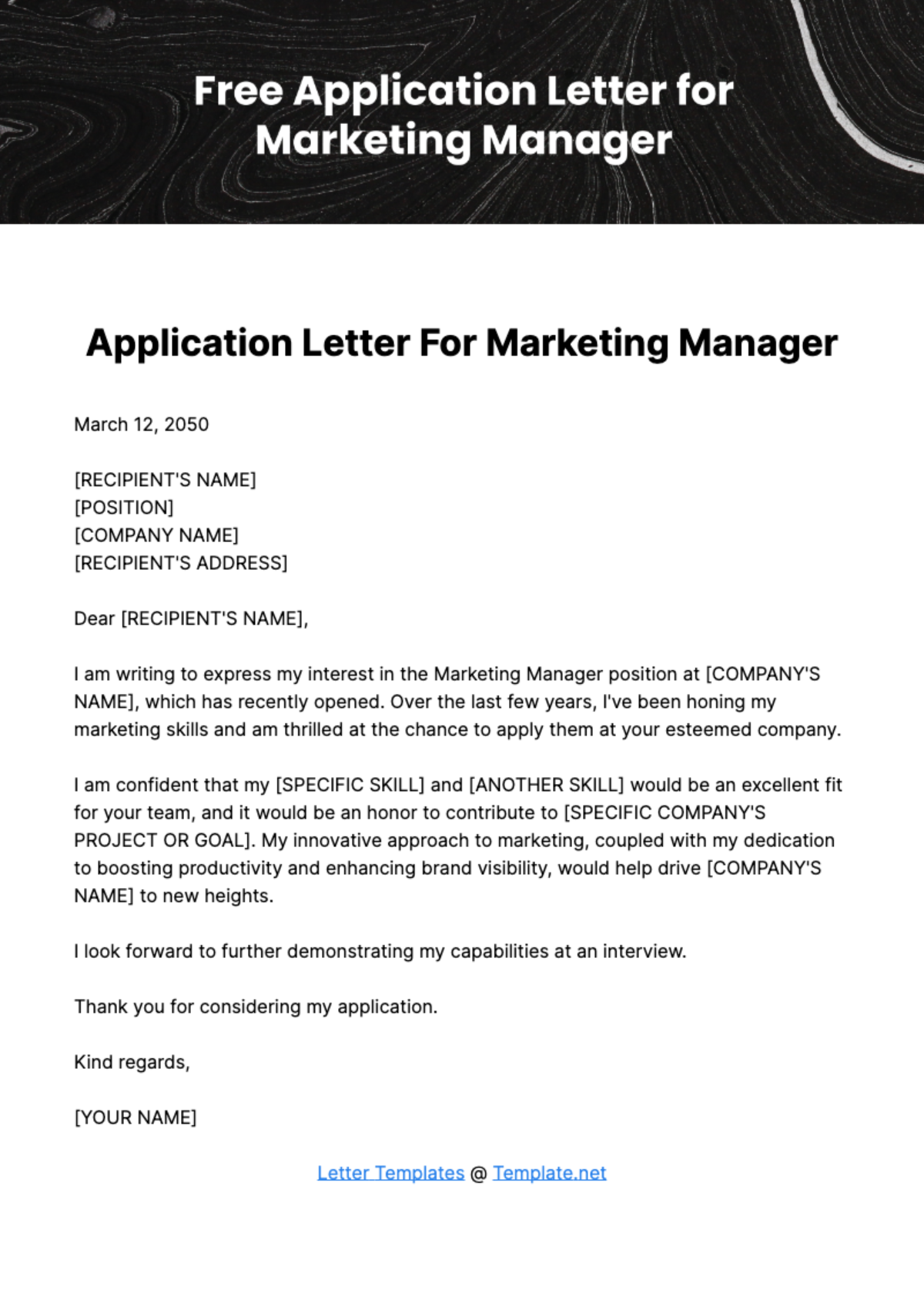 Free Application Letter for Marketing Manager Template