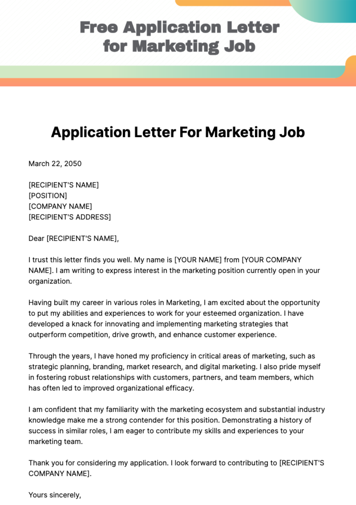 Free Application Letter for Marketing Job Template