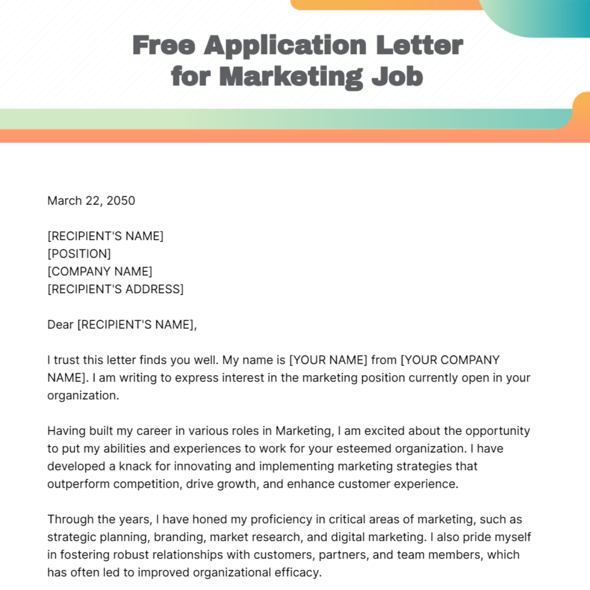 Application Letter for Marketing Job Template