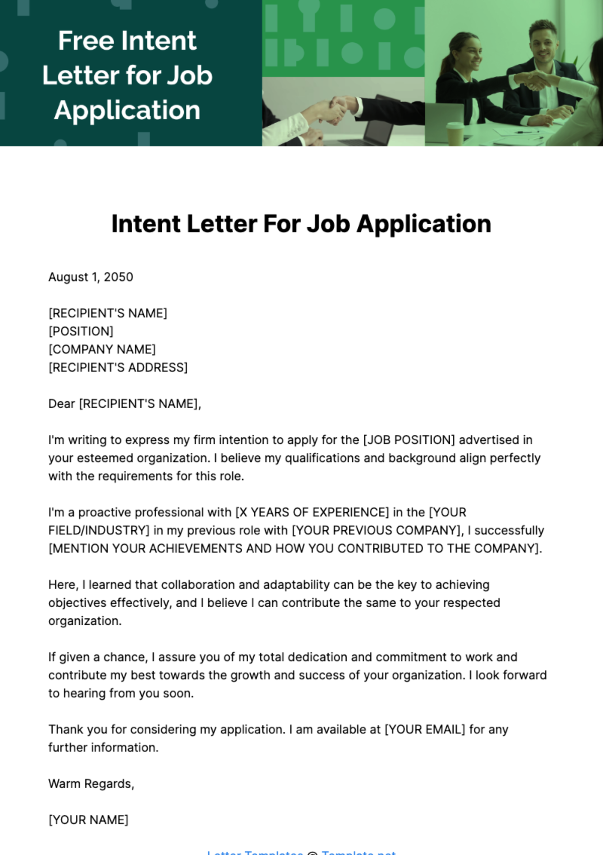 Free Intent Letter for Job Application Template