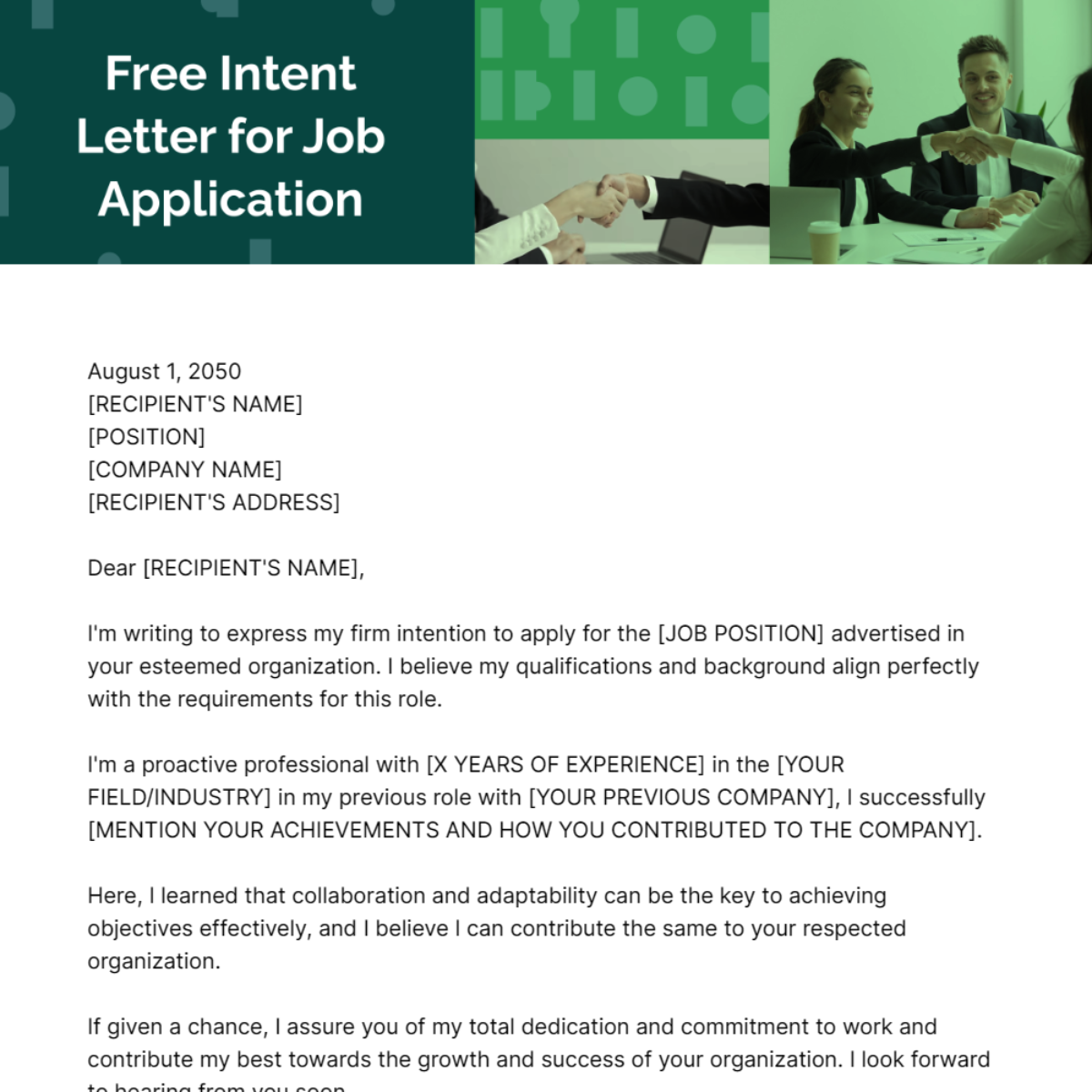 Intent Letter for Job Application Template