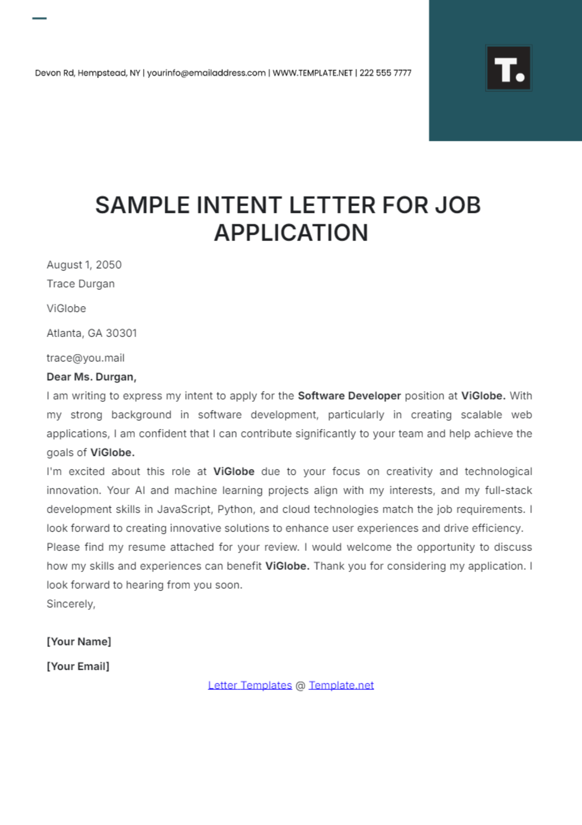 Sample Intent Letter for Job Application Template - Edit Online & Download