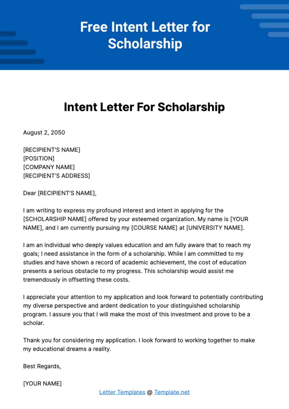 Free Intent Letter for Scholarship Template