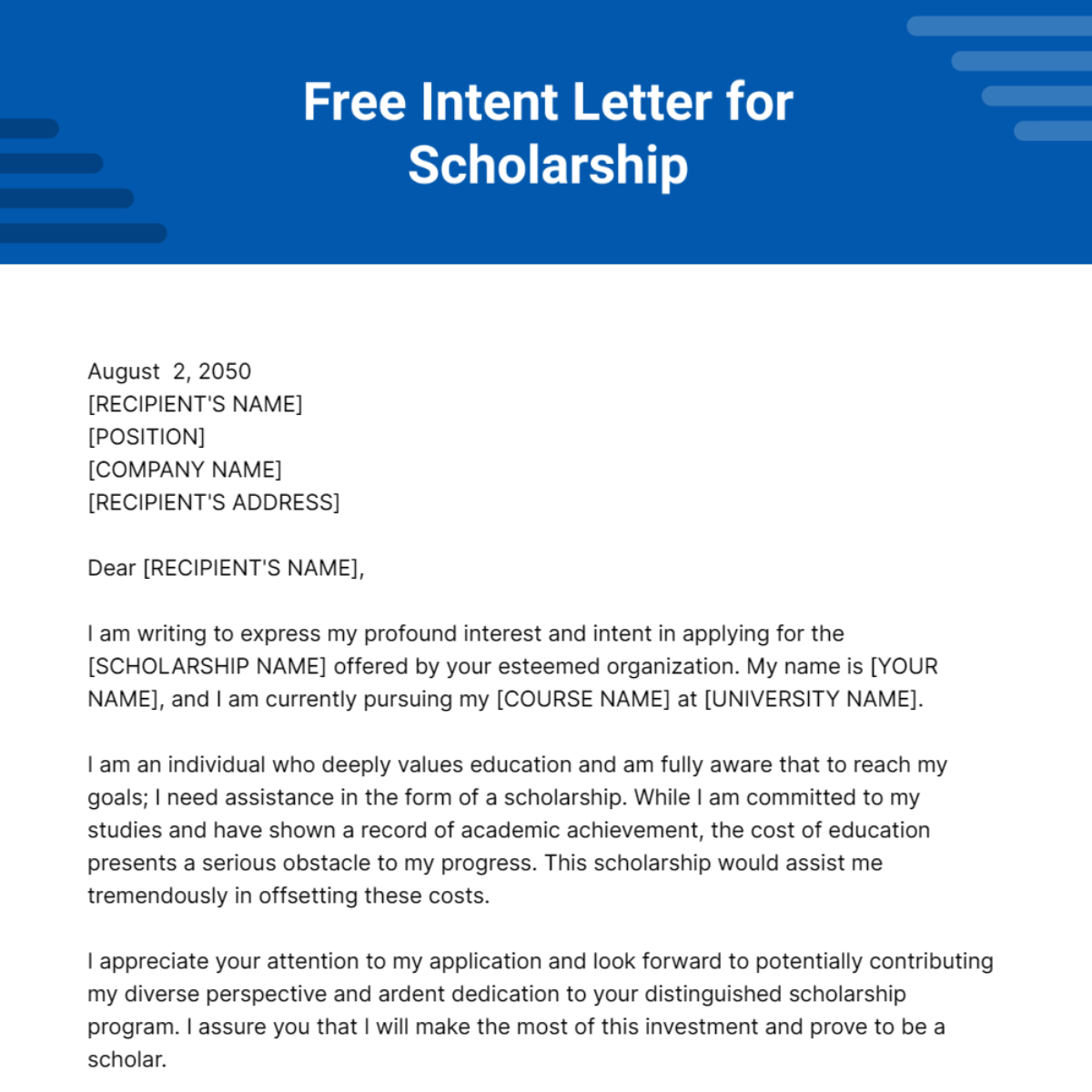 Intent Letter for Scholarship Template