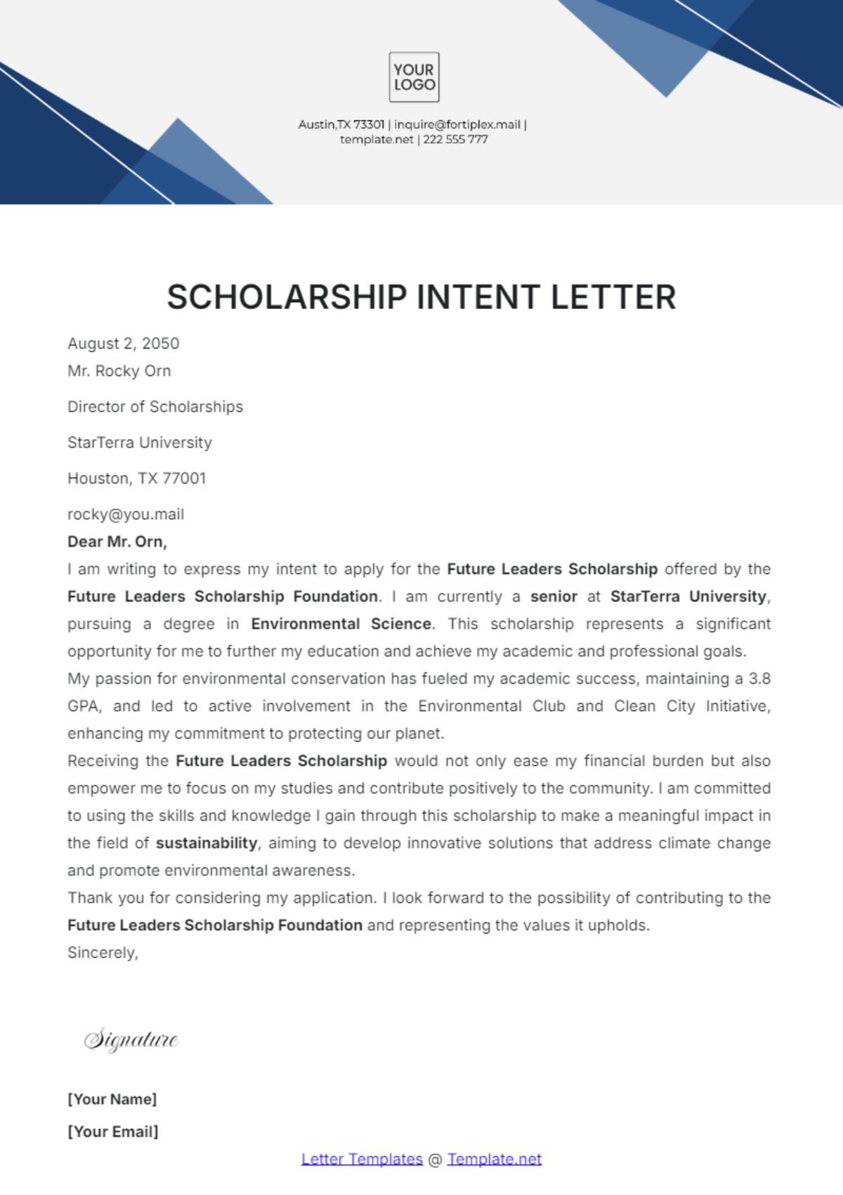 Scholarship Intent Letter Template - Edit Online & Download