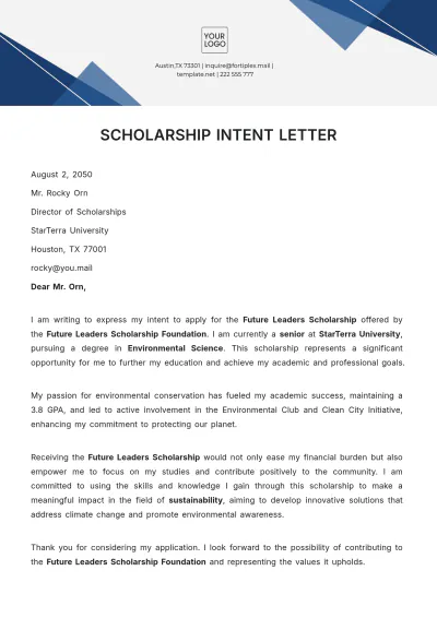 Free Scholarship Intent Letter Template to Edit Online