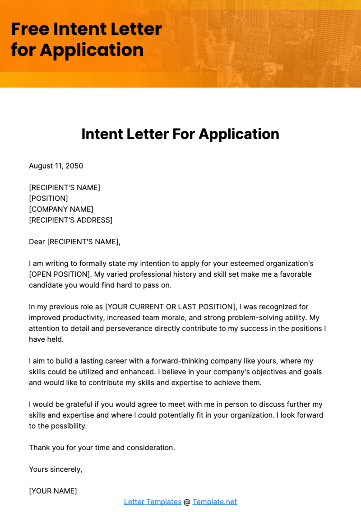 Free Intent Letter for Application Template