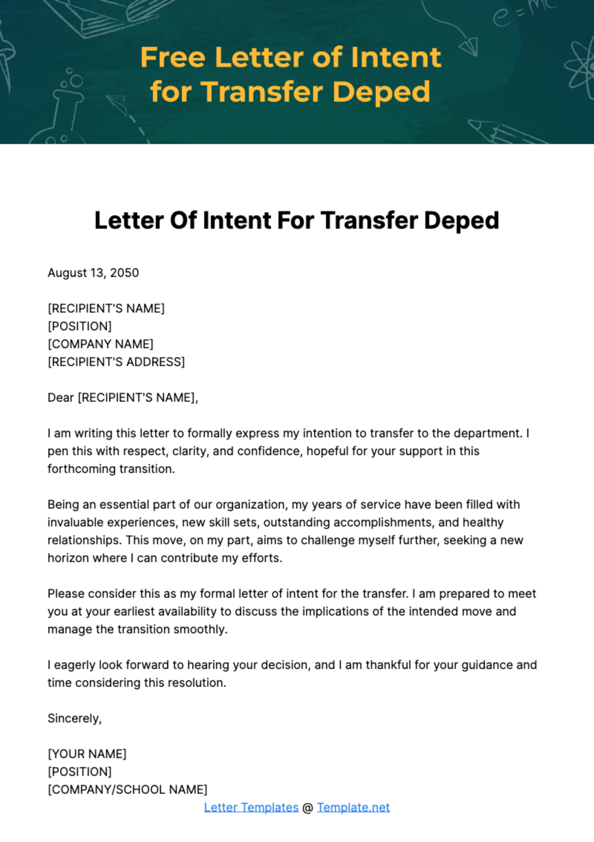 Free Letter of Intent for Transfer Deped Template