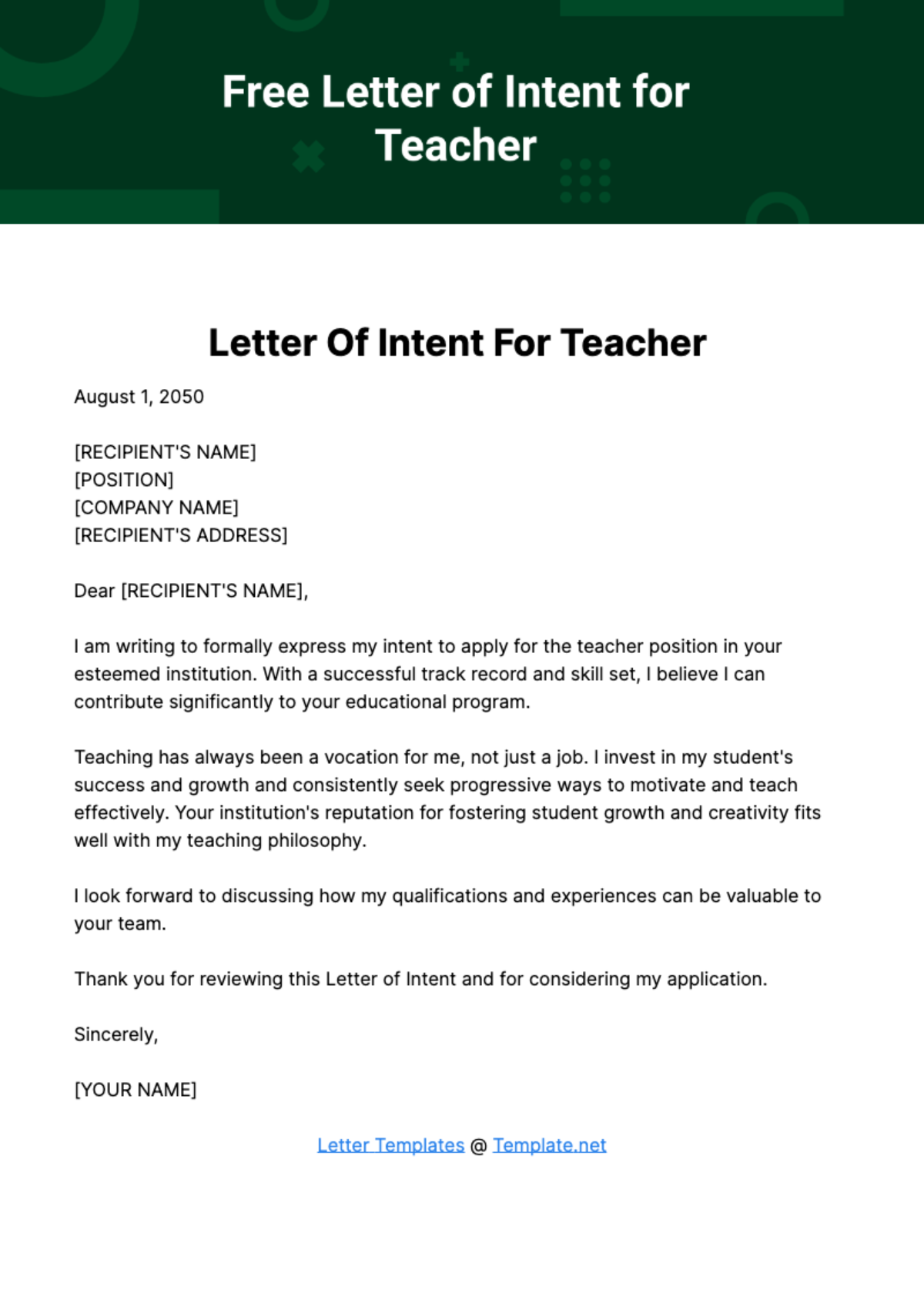 Free Letter of Intent for Teacher Template