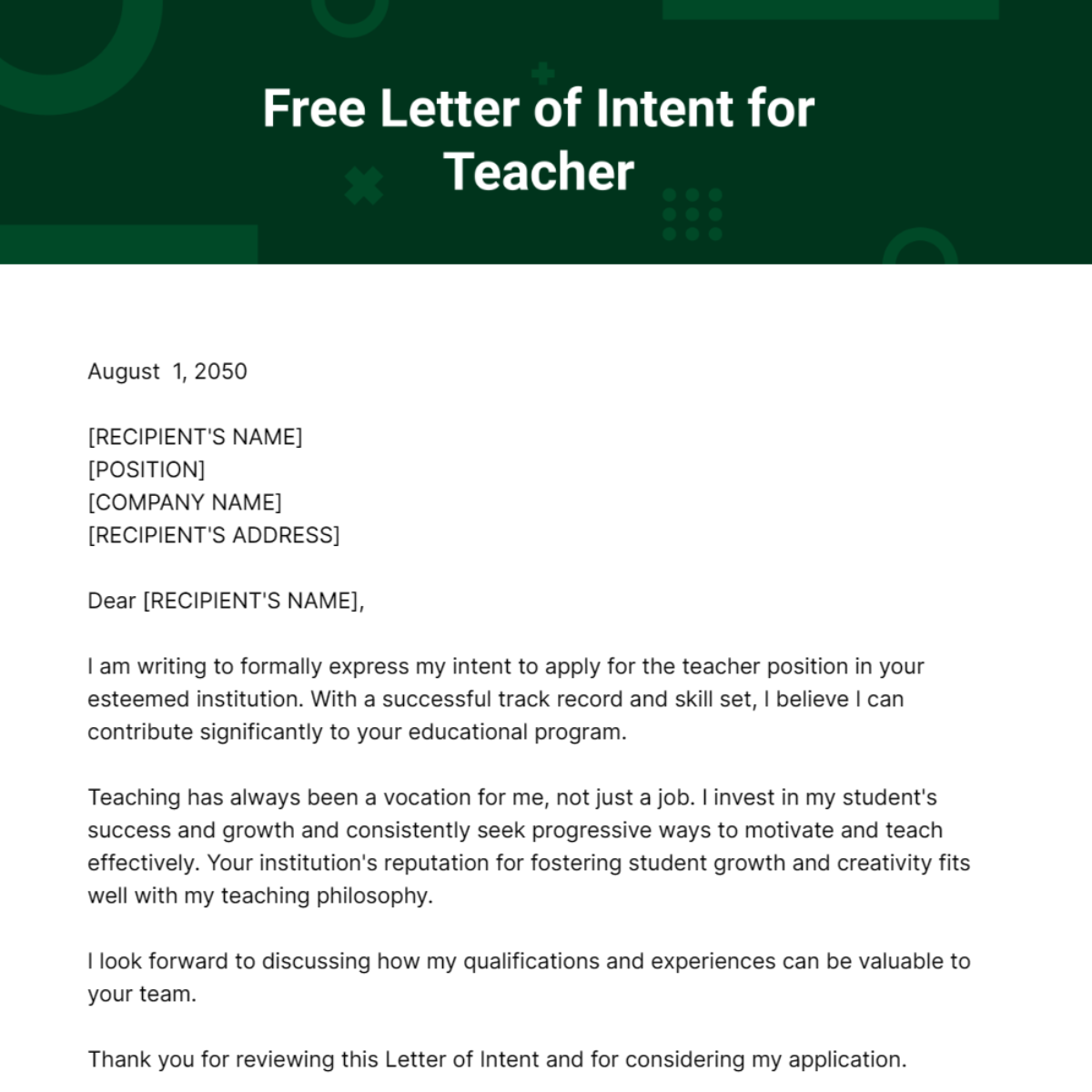 Free Letter of Intent for Teacher Template