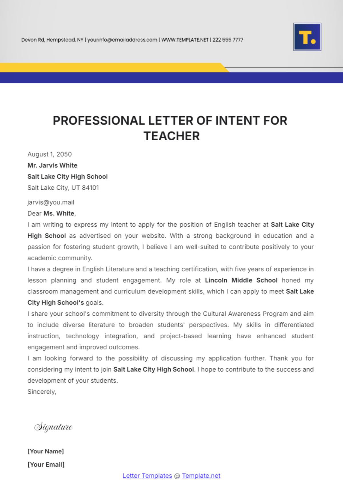 Professional Letter of Intent for Teacher Template - Edit Online & Download