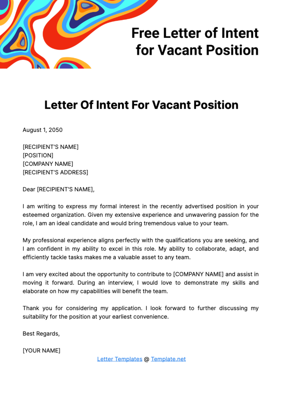 Free Letter of Intent for Vacant Position Template