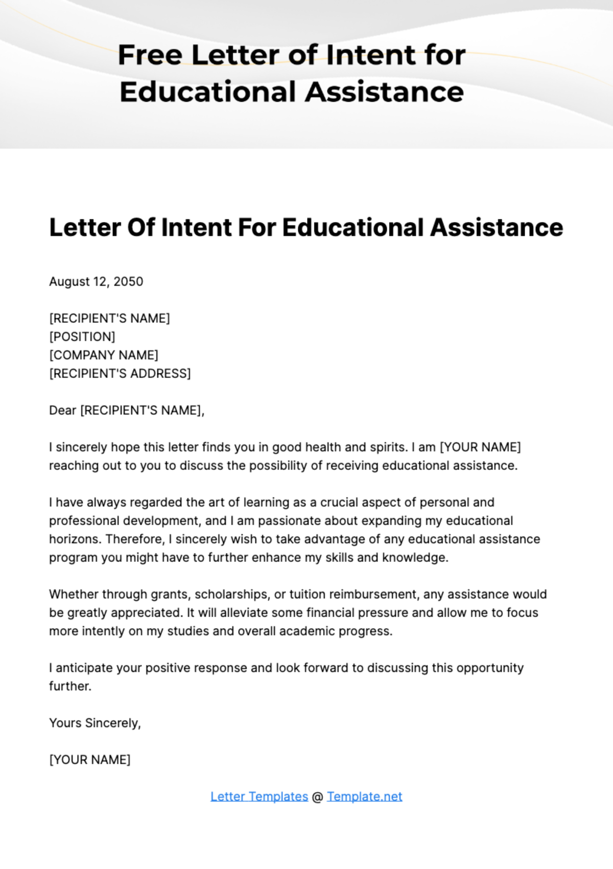 Free Letter of Intent for Educational Assistance Template