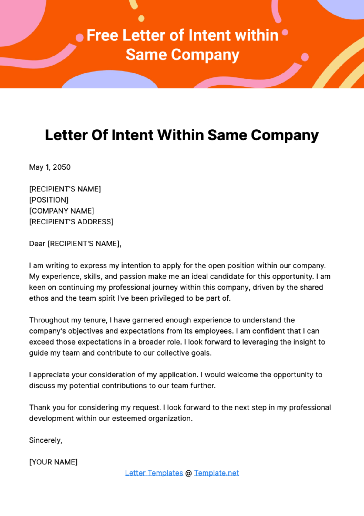 Free Letter of Intent within Same Company Template