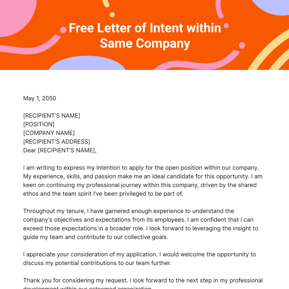 Letter of Intent within Same Company Template