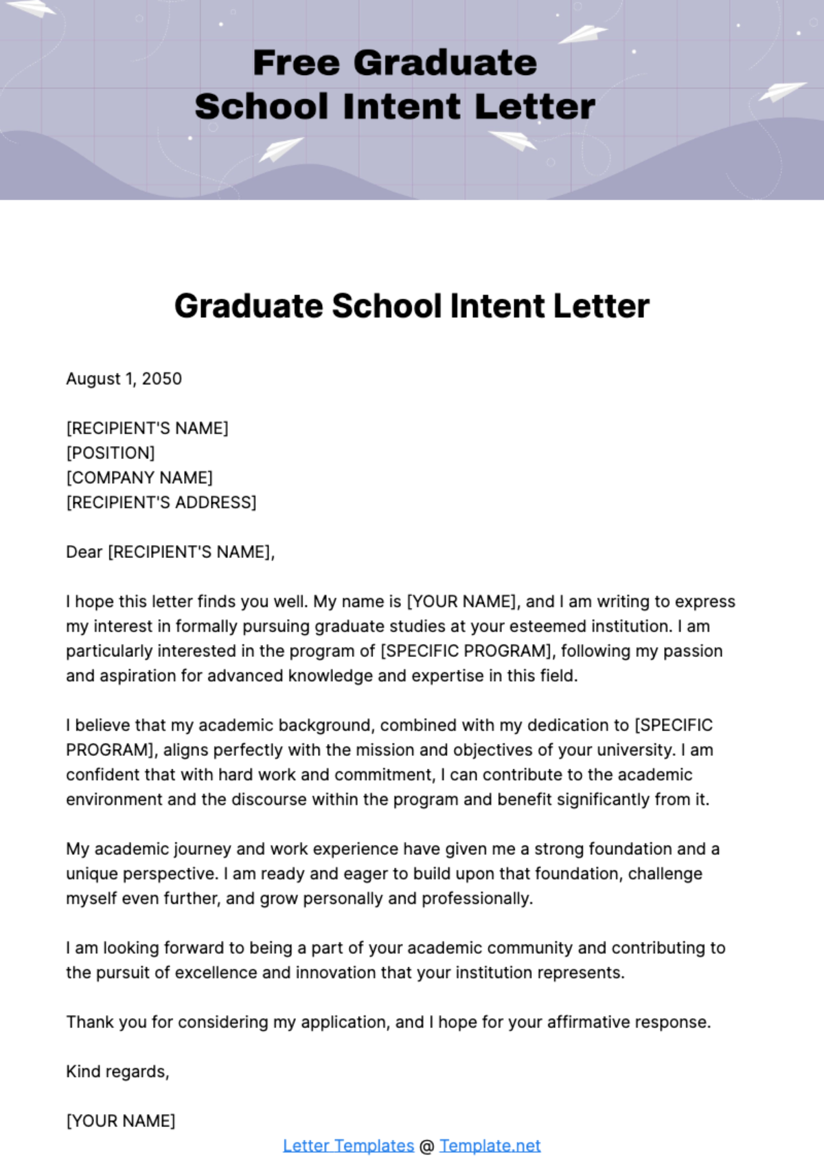 Free Graduate School Intent Letter Template