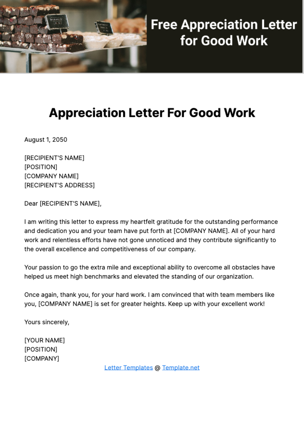 Free Appreciation Letter for Good Work Template
